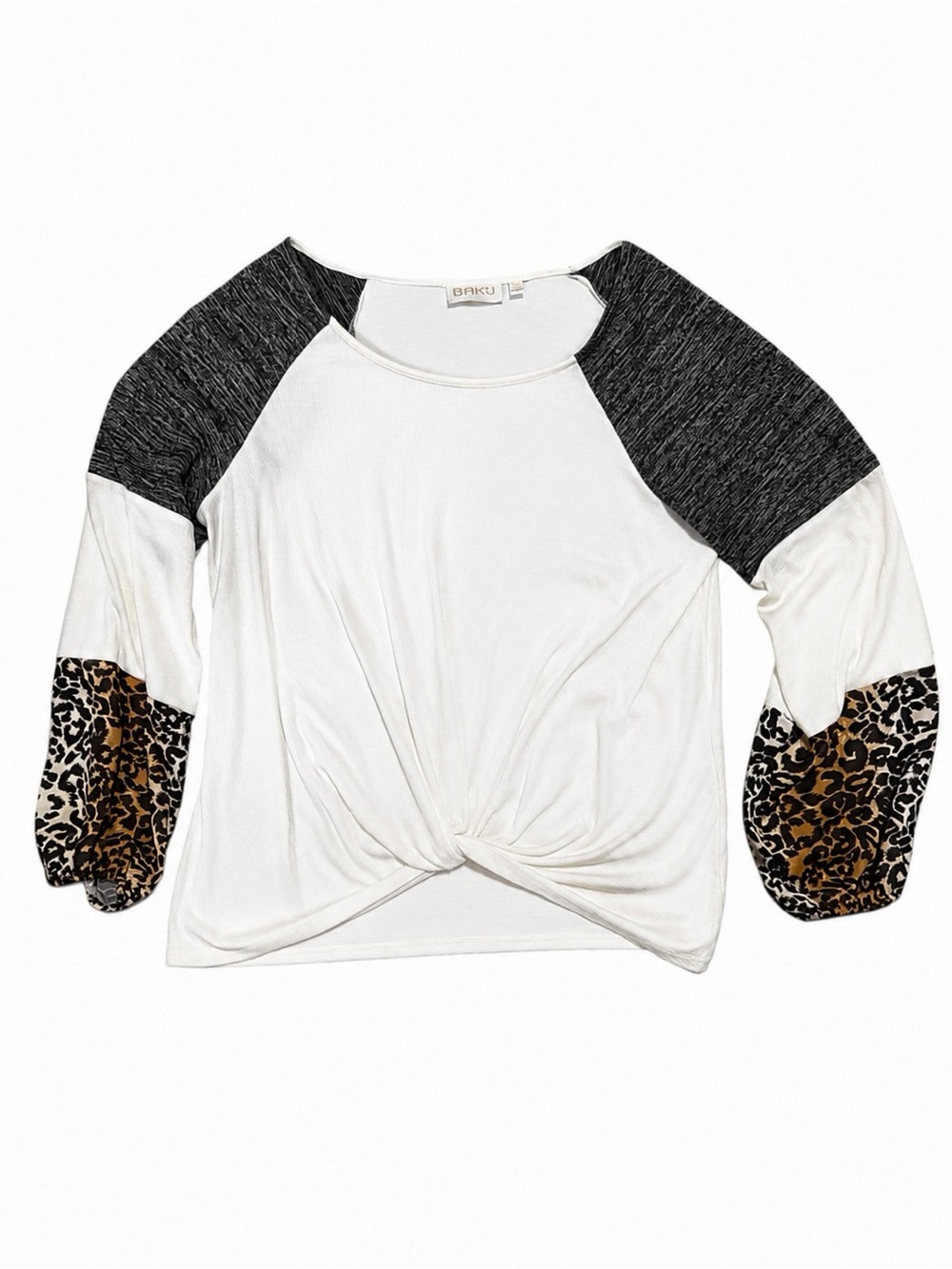 Baku Colorblock Leopard Sleeve Twist Front Top Size Large